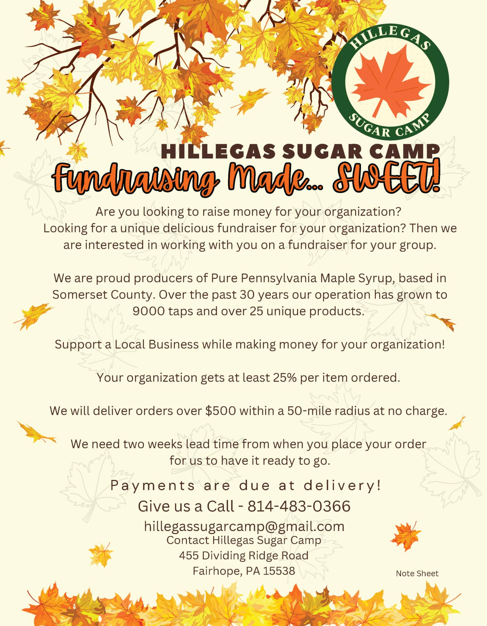 Hillegas Sugar Camp Fundraiser Note